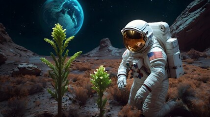 Fototapeta premium Astronaut exploring a strange alien planet with glowing plants 3