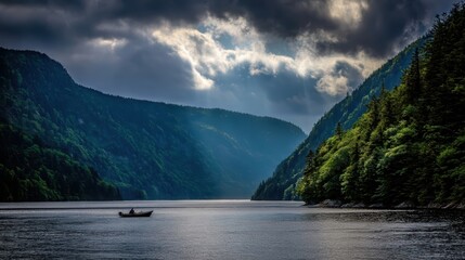 Serene Forested Mountain Landscape with Winding River and Floating Boat, Sunlit Tyndall Effect Amidst Heavy Clouds, Ethereal Light Filtering Through