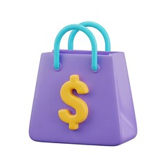 3d icon of purple shopping bag with a dollar sign isolated on white background