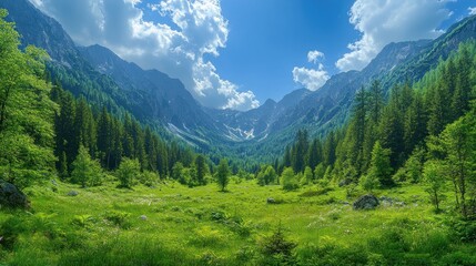 Obraz premium Lush valley nestled between towering mountains under a vibrant sky