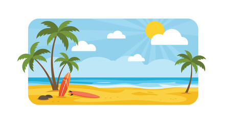 Tropical beach scene with palm trees surfboards and a sunny sky