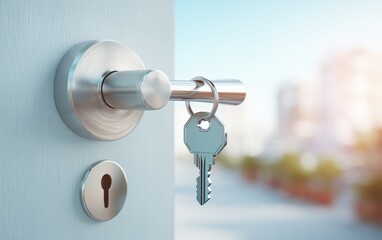 Silver key inserted in modern door lock