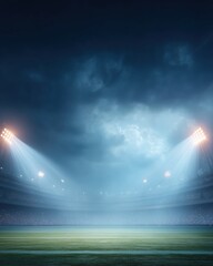 Dramatic football stadium lit under stormy sky