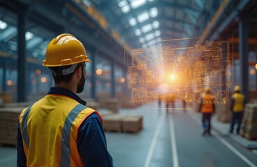 Construction worker wearing hard hat and hi-vis vest studies holographic blueprint in futuristic factory. AI monitors operations. Technology enhances efficiency and safety on industrial site.
