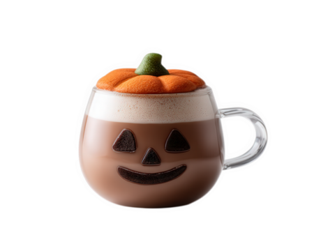 Pumpkin shaped foam art chocolate drink transparent glass jack o lantern face festive Halloween isolated on white playful mood autumn beverage creative design