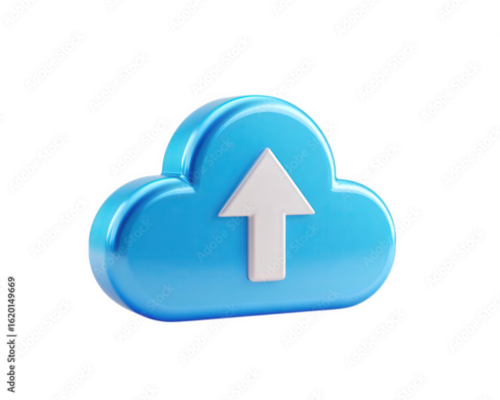 Poster blue cloud upload icon glowing effect isolated on transparent background digital symbol 3d illustrat