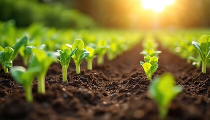 Healthy garden rows with fresh green vegetable sprouts growing in rich soil. Emphasizes sustainable living, organic farming, gardening rewards. Sunlight filters through green leaves, suggesting