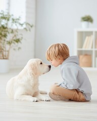 Young boy gently touching golden retriever puppy