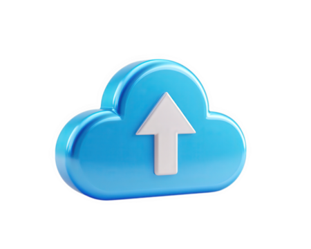 Blue cloud upload icon glowing effect isolated on transparent background digital symbol 3D illustration technology data transfer modern internet cheerful futuristic - Powered by Adobe