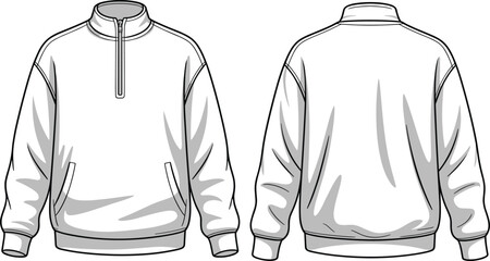 Quarter zip pullover sweatshirt flat sketch, front and back CAD template for apparel design, fashion illustration, and tech pack © Sagor Creatives