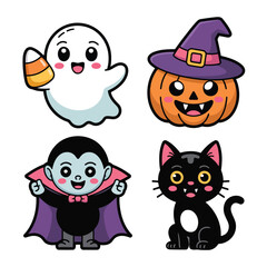 Cute Halloween vector illustration of Cute Halloween Characters: Ghost, Pumpkin, Vampire, Cat