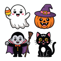 Fototapeta premium Cute Halloween vector illustration of Cute Halloween Characters: Ghost, Pumpkin, Vampire, Black Cat - Spooky Season Illustrations