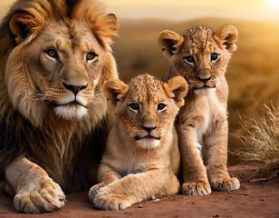A big lion and a little, cute lion cub, cut out. A wild animal. lioness with two little cubs.