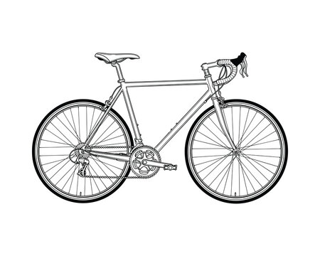 Detailed Black and White Road Bike Illustration, Bicycle Design, Isolated on White Background, Vector Illustration