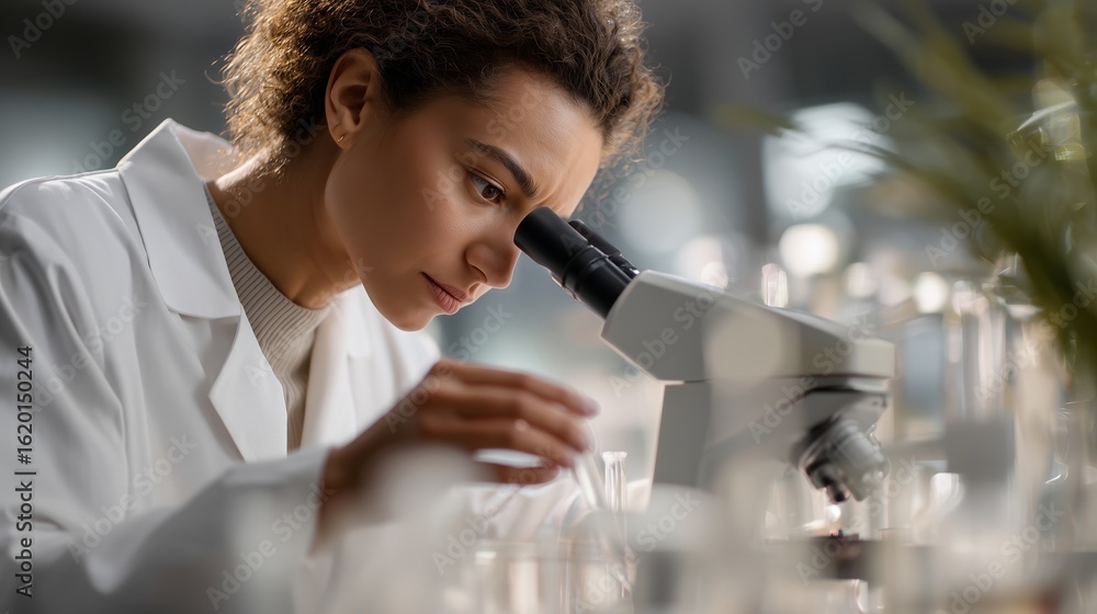 Poster researcher examines samples through microscope in laboratory setting during daytime hours