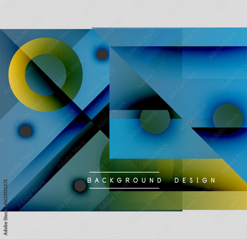 Poster abstract geometric composition. blue, green, yellow shapes overlap creating dynamic visual effect. m