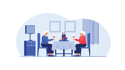 Obraz premium Elderly couple enjoying a romantic dinner with wine and fruit at a table in their dining room together