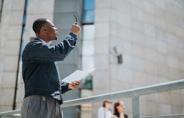 A professional man examines documents while standing outdoors near a modern building.