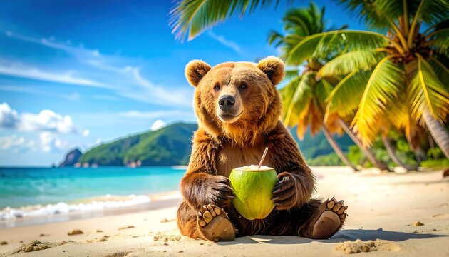 Brown bear enjoying a coconut drink on a tropical beach with palm trees