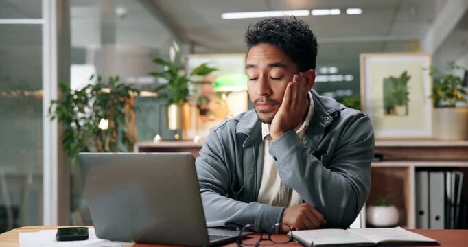 Mistake, stress or tired businessman on laptop for administration deadline or error report. Eye strain, upset or frustrated database administrator in office for tech glitch, project crisis or burnout