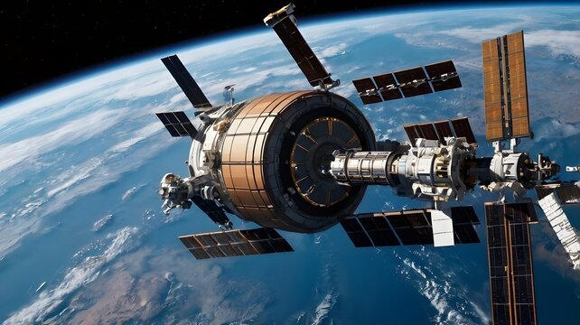 Massive spaceship docking at a space station above Earth 2