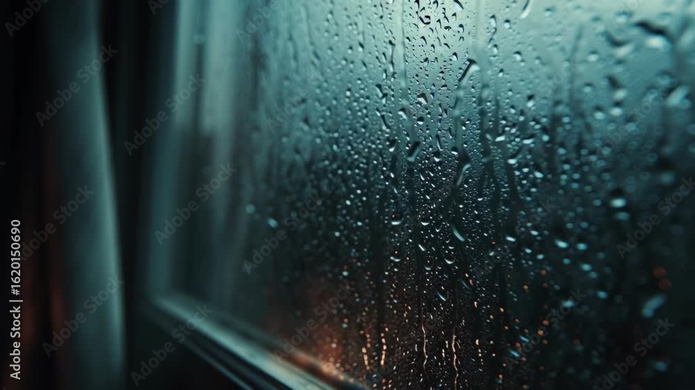Aufkleber raindrops on window in slow motion captured with moody tone and soft lighting effects