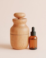 Wooden jar with dropper bottle on minimal background