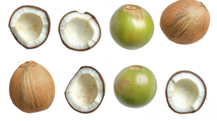 Various coconuts displayed with whole and halved specimens revealing their outer shells and inner flesh
