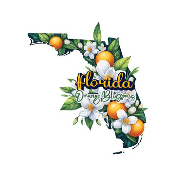 Florida state Orange Blossoms flower, Florida famous flower, Florida travel map, Floral Florida