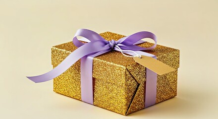 Elegant Shimmering Gift Box with Purple Ribbon and Label