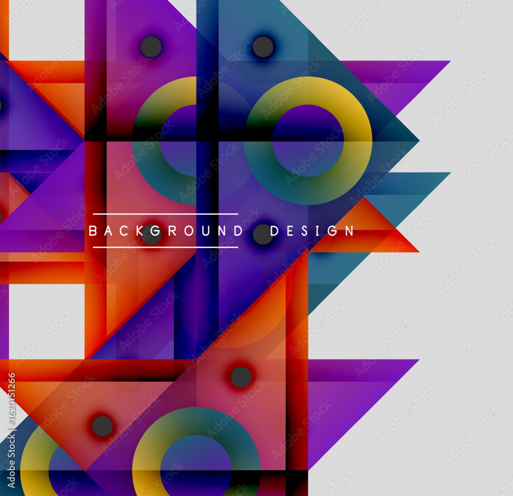 Poster abstract geometric shapes overlap, creating vibrant colorful design. circles, squares, triangles for