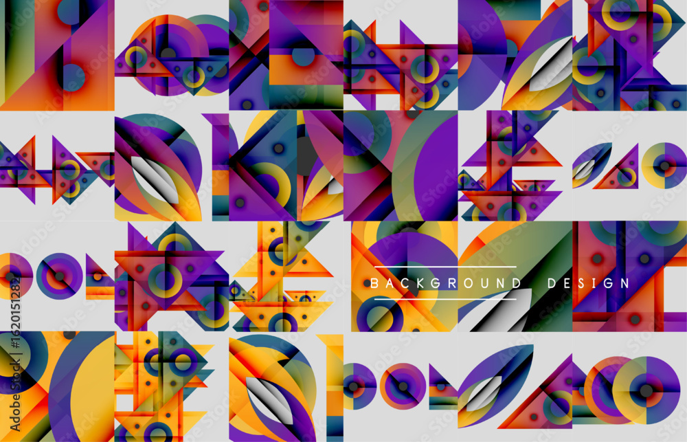 Poster abstract geometric patterns, vibrant colors, modern design elements. tiles create dynamic visual tex