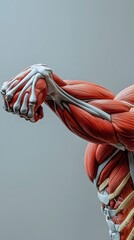 The muscular system. An athletic man with an image of skeletal muscles on his arm, gray background