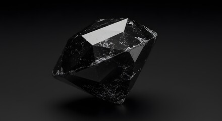 A sleek black crystal with sharp edges and reflective surfaces against a dark monochrome background
