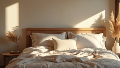 Scandinavian bedroom sanctuary bathed in natural light. Features soft linen bedding, plush pillows, pampas grass in ceramic vase. Neutral tones, minimalist decor create serene, cozy atmosphere with