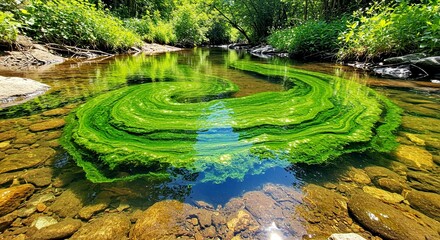 Vibrant Algae Patterns in Clear Shallow Creek Water