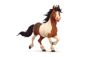 Fototapeta premium A cartoon horse gallops featuring brown and white markings a flowing black mane and tail and a joyful expression