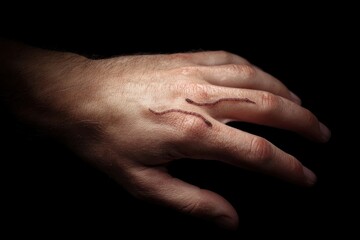 Human hand starkly lit displaying two small brown worms on its back against a dark shadowed backdrop