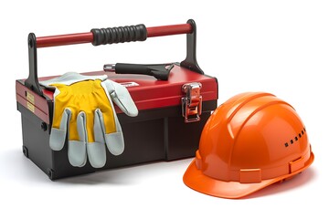 Essential safety gear including a sturdy toolbox, protective gloves, and a bright orange hard hat ready for any construction project or industrial task.