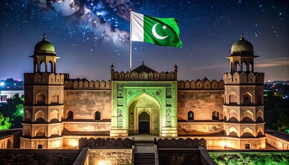 Lahore Fort illuminated with Pakistani flag under starry night sky landscape for Independence Day