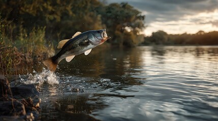 Obraz premium High-Speed Capture of a Largemouth Bass Jumping from Water at Sunset in Natural Lake Environment
