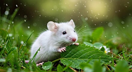 Cute Fluffy Mouse Holding Green Leaf in Dewy Nature