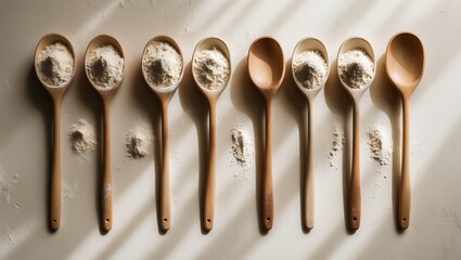 Wooden spoons filled with various dry ingredients arranged in a row