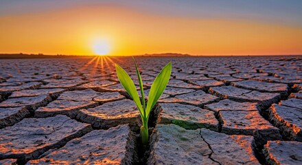 New Plant Sprouting From Cracked Earth at Sunset Hope