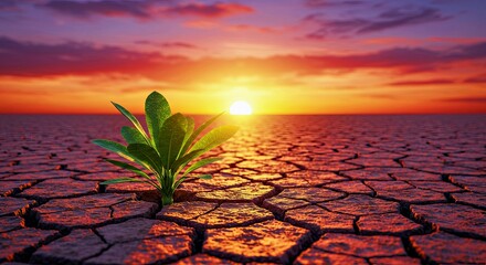 Resilient Seedling Emerging from Dry Earth at Golden Sunset