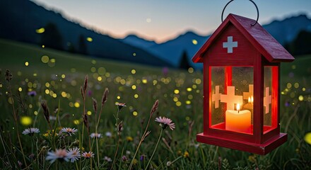 Red Swiss Cross Lantern Rustic Wood Alpine Meadow Fireflies