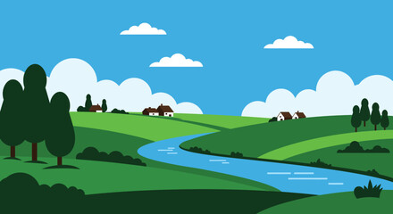 Cartoon landscape with green hills blue river houses and cloudy sky © Lhvect02