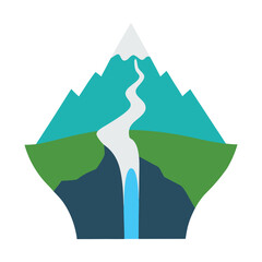 Stylized mountain with flowing river and waterfall