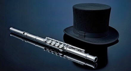 Elegant Silver Flute and Black Hat Reflective Surface Music