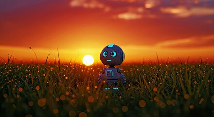 Cute Small Robot in Sparkling Field at Golden Sunset